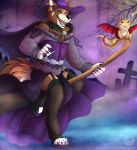  anthro bearded_dragon broom broom_riding canine clothed clothing costume crossdressing digital_media_(artwork) fish_nets fog forest fuzzycoma halloween hat holidays legwear magic_user mammal reptile scalie tree witch witch_hat wolf wulfric 