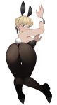 against_wall all_fours animal_ears arms_up ass ass_focus bare_back black_footwear blonde_hair blue_eyes breasts bunny_ears bunny_tail bunnysuit fake_animal_ears fake_tail hair_bun high_heels highres large_breasts looking_at_viewer looking_back original pantyhose shoes sideboob simple_background tail tied_hair white_background wrist_cuffs yan_wan 