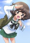  :d akiyama_yukari backpack bag bangs black_neckwear blouse blue_sky brown_eyes brown_hair cloud cloudy_sky commentary cowboy_shot day eyebrows_visible_through_hair girls_und_panzer green_skirt kanau leaning_forward long_sleeves looking_at_viewer messy_hair miniskirt neckerchief ooarai_school_uniform open_mouth outdoors pleated_skirt salute school_uniform serafuku short_hair skirt sky smile solo standing white_blouse 