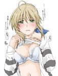  artoria_pendragon_(all) blush bra braid breasts cleavage commentary_request elf_(stroll_in_the_woods) eyebrows_visible_through_hair fate/stay_night fate_(series) french_braid from_below green_eyes hair_over_eyes lace lace-trimmed_bra looking_at_viewer navel saber self_exposure shirt shirt_lift small_breasts striped striped_shirt sweat translated underwear white_background 