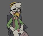  after_masturbation avian balls bird blush bow_tie chair chicken clothed clothing cum cum_on_hand disney ducktales eyewear glasses gyro_gearloose hat hi_res male pants_down partially_clothed penis slimykappa tapering_penis 