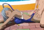  1girl arms_up ass ass_grab back bare_arms bare_shoulders blue_swimsuit breast_press breasts buttjob censored clothed_female_nude_male code_geass dark_skin floor grey_hair half-closed_eyes highres kneeling kyabakurabakufu large_breasts legs long_hair looking_back lying mosaic_censoring nude on_stomach outdoors penis pool solo_focus sweat swimsuit thighs villetta_nu water whistle yellow_eyes 