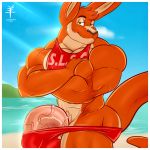  aaron_(artist) anthro barely_contained big_penis bulge clothing crossed_arms huge_penis kangaroo looking_at_viewer male mammal marsupial muscular muscular_male penis shirt solo standing tank_top vein veiny_penis 