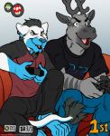  anthro cervine digital_media_(artwork) duo feline fuzzycoma lion male mammal mario_bros mario_kart nintendo pro_controller racing reindeer rex rio switch video_games 