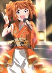  :d asymmetrical_sleeves blue_eyes blurry blurry_background bracelet brown_hair cowboy_shot eyebrows_visible_through_hair floral_print hair_ornament holding holding_microphone idol idolmaster idolmaster_(classic) index_finger_raised japanese_clothes jewelry kimono lieass long_hair microphone open_mouth orange_kimono pants print_kimono shiny shiny_hair smile solo stage standing takatsuki_yayoi twintails white_pants 