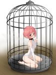  absurdres ass barefoot bell bell_collar birdcage blue_eyes blush cage collar commentary_request detached_sleeves ears_visible_through_hair fairy fairy_wings full_body gulp5959 hand_on_own_face highres in_cage jingle_bell leotard minigirl original pink_hair pointy_ears short_hair sitting soles solo toes transparent_wings white_leotard wings 