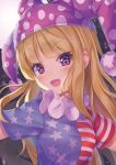  1girl :d american_flag_dress bangs blonde_hair blue_dress blush breasts clownpiece commentary dress eyebrows_visible_through_hair fairy_wings fang full_moon hat head_tilt highres jester_cap long_hair looking_at_viewer moon neck_ruff open_mouth polka_dot polka_dot_hat pom_pom_(clothes) purple_eyes purple_hat red_dress short_sleeves sin_(meltdown3939) small_breasts smile solo space star star_print striped striped_dress touhou upper_body white_dress wings 