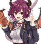  blouse bow breasts commentary dragon_girl dragon_horns dragon_tail dragon_wings granblue_fantasy grea_(shingeki_no_bahamut) horns jacket koenza_botoke large_breasts looking_at_viewer open_clothes open_jacket open_mouth pointy_ears purple_hair red_bow red_eyes red_neckwear shingeki_no_bahamut short_hair solo tail upper_body white_blouse wings 