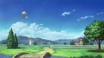  blue_sky bridge cloud commentary_request day dirigible fantasy fence grass highres house mitsu_ura nature no_humans original path river road scenery sky tree windmill wooden_fence zeppelin 