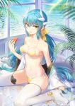  ankle_ribbon bangs beach bikini blue_hair blush bow breasts canegouzi collarbone dragon_girl dragon_horns eating eyebrows_visible_through_hair fate/grand_order fate_(series) food frilled_bikini frills fruit hair_between_eyes hair_ribbon highres horns indoors japanese_clothes kimono kiyohime_(fate/grand_order) kiyohime_(swimsuit_lancer)_(fate) long_hair looking_at_viewer medium_breasts micro_bikini navel ocean on_floor open_clothes open_kimono open_mouth ribbon saliva side-tie_bikini sitting solo swimsuit thighhighs tongue tongue_out very_long_hair wariza watermelon white_legwear yellow_bikini yellow_bow yellow_eyes yellow_ribbon 