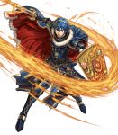  armor armored_boots belt blue_eyes blue_hair boots cape falchion_(fire_emblem) fingerless_gloves fire fire_emblem fire_emblem:_monshou_no_nazo fire_emblem_heroes full_body fur_trim gloves highres holding holding_shield holding_sword holding_weapon izuka_daisuke jewelry marth non-web_source official_art open_mouth sheath shield shiny shiny_hair shoulder_armor shoulder_pads solo sword tiara transparent_background weapon 