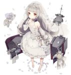  azur_lane bangs bare_shoulders blunt_bangs blush bouquet bow breasts bridal_veil brown_eyes cannon closed_mouth commentary_request detached_sleeves dress eyebrows_visible_through_hair flower gloves hand_up headpiece highres holding holding_bouquet leg_ribbon long_hair long_sleeves looking_at_viewer mole mole_under_eye petals puffy_long_sleeves puffy_sleeves ribbon rose see-through shoes silver_hair simple_background sleeveless sleeveless_dress small_breasts solo turret veil very_long_hair white_background white_bow white_dress white_flower white_footwear white_gloves white_ribbon white_rose yukisame z46_(azur_lane) 