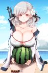  1girl absurdres bangs bare_shoulders beach bikini blue_sky blush breasts center_opening cleavage cleavage_cutout cloud cloudy_sky collarbone commentary_request cowboy_shot day eyebrows_visible_through_hair food fruit girls_frontline gun hair_ribbon halterneck highres holding holding_food jacket large_breasts light_smile long_hair long_sleeves looking_at_viewer navel ocean outdoors red_eyes ribbon shotgun shotgun_shells side-tie_bikini silver_hair sky smile solo spas-12 spas-12_(girls_frontline) swept_bangs swimsuit thigh_strap thighs twintails watermelon weapon white_bikini white_jacket 