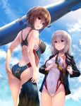  adjusting_clothes adjusting_swimsuit aircraft alternate_costume ass ass_visible_through_thighs blue_eyes blue_sky blush brown_eyes brown_hair cloud commentary_request competition_swimsuit covered_navel day dirigible emblem eyebrows_visible_through_hair from_below girls_und_panzer grey_hair gun hair_between_eyes handgun holding holding_jacket holster itsumi_erika jacket kiryuu_takahisa kuromorimine_(emblem) kuromorimine_military_uniform long_hair looking_at_viewer luger_p08 multiple_girls nishizumi_maho one-piece_swimsuit open_mouth pistol shoulder_blades shoulder_holster sky swimsuit swimsuit_under_clothes thighs weapon zeppelin 