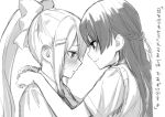  blush bow braid commentary from_side greyscale hair_bow hair_ribbon half_updo higuchi_kaede hijiki_(hijikini) hug looking_at_another monochrome multiple_girls nijisanji ponytail profile ribbon school_uniform short_sleeves smile sweatdrop sweater_vest translated tsukino_mito virtual_youtuber yuri 