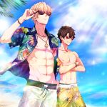  abs bangs beach black_hair blonde_hair chest closed_eyes cloud crossed_arms day fate/grand_order fate_(series) fujimaru_ritsuka_(male) gawain_(fate/grand_order) hand_on_hip hawaiian_shirt jewelry light_rays male_focus male_swimwear multiple_boys muscle necklace nipples okurabaakaa open_clothes open_shirt outdoors shirt short_sleeves sky smile sunglasses swim_trunks swimwear wind 