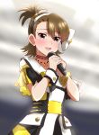 :d asymmetrical_bangs bangs blush bracelet brown_eyes brown_hair choker collarbone costume crying crying_with_eyes_open eyebrows_visible_through_hair futami_ami gold_trim hair_between_eyes hair_ornament hairband holding holding_microphone idol idolmaster idolmaster_(classic) jewelry lieass microphone necklace one_side_up open_mouth shiny shiny_hair short_hair smile solo stage standing tears upper_body white_hairband wristband 
