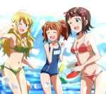  ;d ahoge amami_haruka ball beachball bikini blonde_hair blue_swimsuit blush bow breasts brown_hair character_name cleavage closed_eyes collarbone cowboy_shot day eyebrows_visible_through_hair green_bikini green_eyes hair_between_eyes hair_bow hair_ornament hair_scrunchie holding holding_ball hoshii_miki idolmaster idolmaster_(classic) lieass long_hair looking_at_viewer medium_breasts multiple_girls navel ocean one-piece_swimsuit one_eye_closed open_mouth outdoors red_bikini red_bow school_swimsuit scrunchie shiny shiny_hair short_hair side-tie_bikini sketch smile standing swimsuit takatsuki_yayoi transparent twintails white_bow 