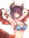  ahoge armpits arms_behind_head ayumira_(axlx3) bandaged_arm bandaged_hand bandages blue_bikini_top blush breasts choker cleavage collarbone commentary_request dragon_girl dragon_horns dragon_tail dragon_wings granblue_fantasy grea_(shingeki_no_bahamut) head_tilt highres horns large_breasts looking_at_viewer navel pointy_ears purple_hair red_eyes shingeki_no_bahamut short_hair smile solo tail upper_body white_background wings 