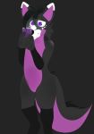  2019 anthro black_fur canid canine canis cellphone digital_media_(artwork) domestic_dog fur light male mammal mikalovesyou nude phone purple_eyes simple_background smile solo 