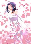  ahoge black_hair breasts collarbone dress elbow_gloves flower gloves idolmaster idolmaster_(classic) jewelry large_breasts lieass long_dress miura_azusa necklace petals pink_flower pink_rose ribbon rose shiny shiny_hair shiny_skin short_hair sleeveless sleeveless_dress solo standing strapless strapless_dress wedding_dress white_dress white_flower white_gloves white_ribbon white_rose 