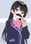  black_hair blazer blue_eyes blush bow commentary_request fake_facial_hair fake_mustache grey_background hair_ornament hairclip highres hijiki_(hijikini) jacket long_hair navy_blue_jacket nijisanji pink_bow pink_neckwear school_uniform solo sweater tsukino_mito very_long_hair virtual_youtuber 