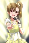  :d bow brown_eyes brown_hair collarbone dress futami_mami hair_between_eyes hair_ornament head_tilt high_ponytail holding holding_microphone idolmaster idolmaster_(classic) index_finger_raised lieass long_hair looking_at_viewer microphone open_mouth short_sleeves side_ponytail sketch smile solo wrist_cuffs yellow_bow yellow_dress 