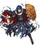  armor armored_boots bangs blue_eyes blue_hair boots broken_armor cape clenched_teeth falchion_(fire_emblem) fingerless_gloves fire_emblem fire_emblem:_monshou_no_nazo fire_emblem_heroes full_body fur_trim gloves highres holding holding_shield holding_sword holding_weapon izuka_daisuke jewelry marth non-web_source official_art parted_lips sheath shield shiny short_sleeves shoulder_armor shoulder_pads solo sword teeth tiara torn_clothes transparent_background weapon 