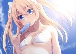  bare_arms bare_shoulders bikini blonde_hair blue_background blue_eyes breasts cloud collarbone commentary_request day eating eyebrows_visible_through_hair food hair_between_eyes halterneck holding long_hair looking_at_viewer nekobaka original popsicle small_breasts solo swimsuit two_side_up underboob upper_body white_bikini 
