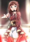  amami_haruka aqua_eyes asymmetrical_sleeves blurry blurry_background blurry_foreground bracelet brown_hair commentary_request cowboy_shot floral_print flower flower_knot gold_trim hair_flower hair_ornament holding holding_microphone idol idolmaster idolmaster_(classic) japanese_clothes jewelry kimono lieass looking_at_viewer microphone miniskirt music obi open_mouth outstretched_arm print_kimono red_flower red_kimono red_rose rose sash short_hair singing sketch skirt solo stage standing tassel unmoving_pattern white_skirt wide_sleeves 