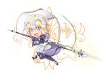  armor armored_dress bangs blonde_hair blue_eyes braid breasts capelet chain chibi cigar_cat commentary eyebrows_visible_through_hair fate/grand_order fate_(series) faulds flag full_body gauntlets hair_between_eyes headpiece highres jeanne_d'arc_(fate) jeanne_d'arc_(fate)_(all) long_braid long_hair long_sleeves open_mouth plackart purple_eyes sidelocks simple_background single_braid solo staff thighhighs very_long_hair white_background 
