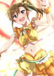  :d bow brown_eyes brown_hair cowboy_shot crop_top eyebrows_visible_through_hair floating_hair futami_mami hair_between_eyes hair_bow hair_ornament idolmaster idolmaster_(classic) idolmaster_million_live! idolmaster_million_live!_theater_days lieass long_hair midriff navel open_mouth outstretched_arm shiny shiny_hair short_shorts shorts side_ponytail sleeveless smile solo standing star star_hair_ornament stomach striped striped_bow wristband yellow_shorts 