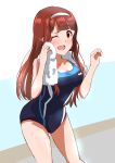  ;d blue_swimsuit blush breasts brown_eyes brown_hair cleavage collarbone competition_swimsuit cowboy_shot drying embarrassed from_side hairband hands_up hips holding holding_towel idolmaster idolmaster_million_live! leaning_forward lieass long_hair looking_at_viewer one-piece_swimsuit one_eye_closed open_mouth poolside raised_eyebrow round_teeth shiny shiny_hair shiny_skin sidelocks sideways_glance sketch smile solo standing straight_hair swimsuit tanaka_kotoha teeth towel towel_around_neck upper_teeth very_long_hair water wet wet_hair white_hairband white_towel wince 