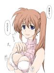 bare_shoulders bra breasts brown_hair cleavage commentary elf_(stroll_in_the_woods) light_blush long_hair looking_at_viewer lyrical_nanoha mahou_shoujo_lyrical_nanoha_strikers medium_breasts pink_bra pink_sweater purple_eyes self_exposure side_ponytail solo sweatdrop sweater takamachi_nanoha translated turtleneck turtleneck_sweater underwear upper_body white_background 