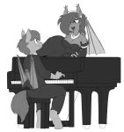  2018 anthro armwear bat_pony bat_wings breasts cleavage clothed clothing dress ear_piercing elbow_gloves fan_character female gloves jewelry male mcsweezy membranous_wings mic_check monochrome musical_instrument my_little_pony necklace piano piercing river_rhythm singing wings 