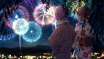  aerial_fireworks aiko_(aiko_54) blurry blurry_foreground blush braid brown_hair brown_kimono closed_mouth commentary_request depth_of_field ear_piercing earrings facing_away fingernails fireworks floral_print from_behind hair_ornament hand_up highres japanese_clothes jewelry kimono looking_at_another looking_to_the_side mountain multicolored_hair multiple_girls nail_polish night night_sky obi original outdoors piercing print_kimono profile purple_hair red_eyes red_hair red_nails sash short_hair sky streaked_hair striped vertical-striped_kimono vertical_stripes white_kimono 