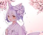  1girl animal_ears azur_lane bangs blush bow cat_ears cherry_blossoms eyebrows_visible_through_hair fang flower hair_bun hair_flower hair_ornament japanese_clothes kimono long_hair looking_at_viewer open_mouth shiruko27anko silver_hair solo tied_hair white_kimono yellow_eyes yukikaze_(azur_lane) 