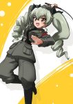  :d anchovy anzio_military_uniform arm_up bangs belt black_belt black_footwear black_neckwear black_ribbon black_shirt boots commentary dress_shirt drill_hair dutch_angle eyebrows_visible_through_hair girls_und_panzer green_hair grey_jacket grey_pants hair_ribbon holding jacket kanau knee_boots leg_up long_hair long_sleeves military military_uniform necktie open_mouth pants red_eyes ribbon riding_crop sam_browne_belt shadow shirt smile solo standing standing_on_one_leg twin_drills twintails uniform 