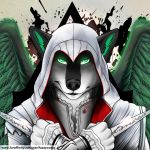  anthro assasins_creed blades canine clothed clothing digital_media_(artwork) dog feathers fuzzycoma green_eyes hood husky looking_at_viewer male mammal pitch simple_background solo video_games weapon wings 