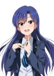  :d bad_anatomy blue_hair blue_neckwear blush brown_eyes dress_shirt floating_hair grey_jacket grey_shirt hair_between_eyes idolmaster idolmaster_(classic) jacket kisaragi_chihaya lieass long_hair looking_at_viewer necktie open_clothes open_jacket open_mouth shiny shiny_hair shirt simple_background smile solo striped striped_neckwear upper_body very_long_hair white_background 
