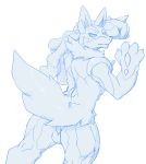  2018 4_fingers against_wall anthro backsack balls claws croiyan looking_at_viewer looking_back male mega_evolution mega_lucario monochrome nintendo nude perineum pok&eacute;mon pok&eacute;mon_(species) raised_tail simple_background sketch solo spikes video_games white_background 