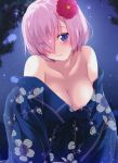  all_fours bare_shoulders blush breasts cleavage collarbone eyebrows_visible_through_hair eyes_visible_through_hair fate/grand_order fate_(series) floral_print flower hair_flower hair_ornament hair_over_one_eye highres japanese_clothes kimono kimono_pull large_breasts lavender_hair looking_at_viewer mash_kyrielight night night_sky no_bra off_shoulder outdoors purple_eyes short_hair sky solo sweat tree_branch uzuki_hiro yukata 
