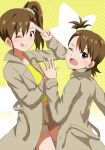  ;d ;q brown_coat brown_hair brown_shorts coat collarbone floating_hair futami_ami futami_mami hair_between_eyes hair_ornament hair_scrunchie high_ponytail idolmaster idolmaster_(classic) lieass long_hair multiple_girls navel one_eye_closed open_clothes open_coat open_mouth scrunchie shiny shiny_hair shirt short_hair short_shorts shorts siblings side_ponytail sisters smile tongue tongue_out yellow_background yellow_shirt 