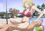  1girl armpits ball bare_arms bare_legs bare_shoulders bikini bikini_bottom blonde_hair blue_eyes breasts cleavage clothed_female_nude_male code_geass day erect_nipples feet highres kyabakurabakufu large_breasts legs looking_down lying milly_ashford navel nude outdoors parted_lips red_bikini red_bikini_bottom short_hair sitting sitting_on_person sky solo_focus swimsuit thighs toes 