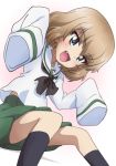 alternate_costume bangs black_legwear black_neckwear blonde_hair blouse blue_eyes commentary dutch_angle eyebrows_visible_through_hair fang girls_und_panzer gradient gradient_background green_skirt invisible_chair kanau katyusha long_sleeves looking_at_viewer miniskirt neckerchief ooarai_school_uniform open_mouth oversized_clothes pink_background pleated_skirt school_uniform serafuku short_hair sitting skirt sleeves_past_fingers sleeves_past_wrists smile socks solo w_arms white_blouse 