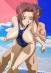  1girl areolae arm_grab bare_arms bare_legs bare_shoulders bent_over blue_eyes blue_swimsuit bouncing_breasts breasts breasts_outside brown_hair clothed_female_nude_male clouds code_geass covered_navel day groin hanging_breasts highres kallen_stadtfeld kyabakurabakufu large_breasts legs legs_together looking_back nipples nude ocean outdoors parasol parted_lips sex short_hair sky solo_focus standing sweat swimsuit thighs umbrella vaginal water 
