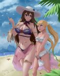  2girls :d armlet artist_name ball beach beachball bikini bird blonde_hair blue_eyes blush breasts brown_hair cloud dated day flower frilled_bikini frills granblue_fantasy green_hair hair_between_eyes hair_flower hair_ornament hat height_difference highres holding io_euclase long_hair looking_at_another medium_breasts multicolored_hair multiple_girls navel number open_mouth outdoors parted_lips petals pointing pointing_up poo_kai_jun pouch purple_eyes rosetta_(granblue_fantasy) sarong sky smile starfish swimsuit thighlet twintails very_long_hair walking white_hat white_swimsuit 
