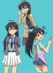  :d ;d alternate_hairstyle antenna_hair apron aqua_background aqua_bow aqua_eyes arm_behind_back black_hair blue_neckwear blue_shorts bow brown_pants brown_sweater collarbone commentary_request cropped_legs fang ganaha_hibiki grey_jacket grey_shirt hair_between_eyes hair_bow hair_over_shoulder head_tilt high_ponytail holding idolmaster idolmaster_(classic) jacket lieass long_hair looking_at_viewer looking_back miniskirt necktie off-shoulder_sweater one_eye_closed open_clothes open_jacket open_mouth pants pink_apron pleated_skirt polka_dot polka_dot_bow shirt shirt_tucked_in short_shorts short_sleeves shorts simple_background skirt smile solo standing striped striped_shirt sweater very_long_hair white_polka_dots white_skirt yellow_bow 