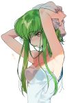  armpits bare_arms bare_shoulders blush breasts c.c. cleavage code_geass creayus eyebrows_visible_through_hair green_hair hands_up highres long_hair looking_at_viewer medium_breasts naked_towel parted_lips simple_background solo towel towel_on_head upper_body wet white_background white_towel yellow_eyes 