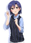  :d alternate_hair_length alternate_hairstyle blue_hair blue_shirt brown_eyes commentary_request dress_shirt eyebrows_visible_through_hair hair_between_eyes idolmaster idolmaster_(classic) idolmaster_million_live! idolmaster_million_live!_theater_days kisaragi_chihaya lieass looking_at_viewer open_mouth shadow shiny shiny_hair shirt short_hair simple_background smile solo standing striped_vest upper_body white_background 